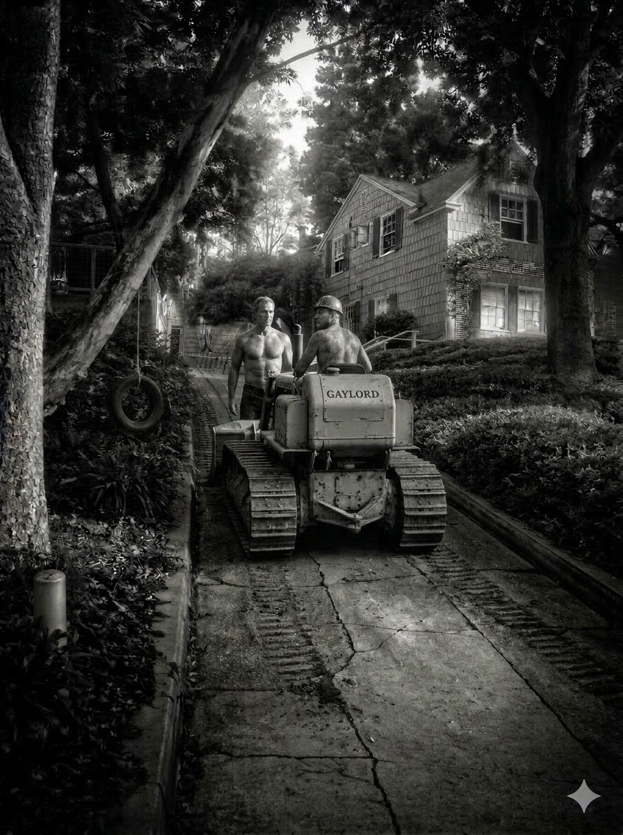 Harry Governick standing barefoot in front of a bulldozer at the Actors Studio West